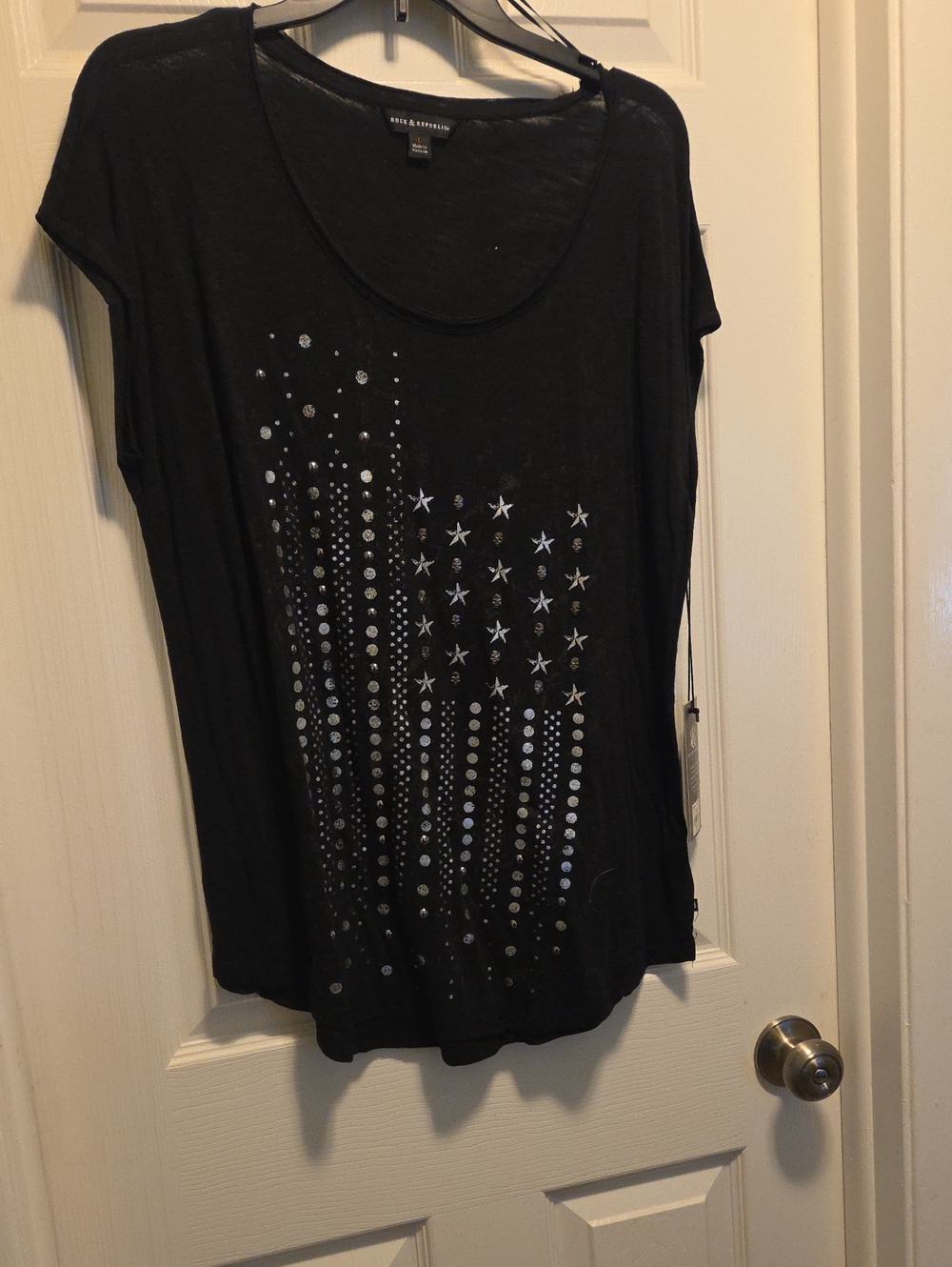 Rock & Repu Black Short Sleeve Scoop Neck Tee with Silver Studs and Star Details